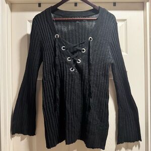 Rock & Republic Black Lace-Up V-Neck Sweater Size XL